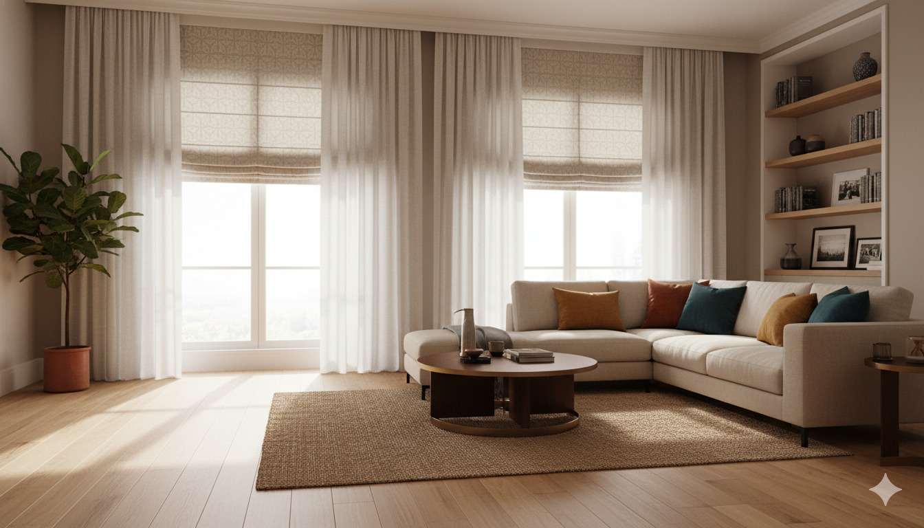 Living room with custom window treatments